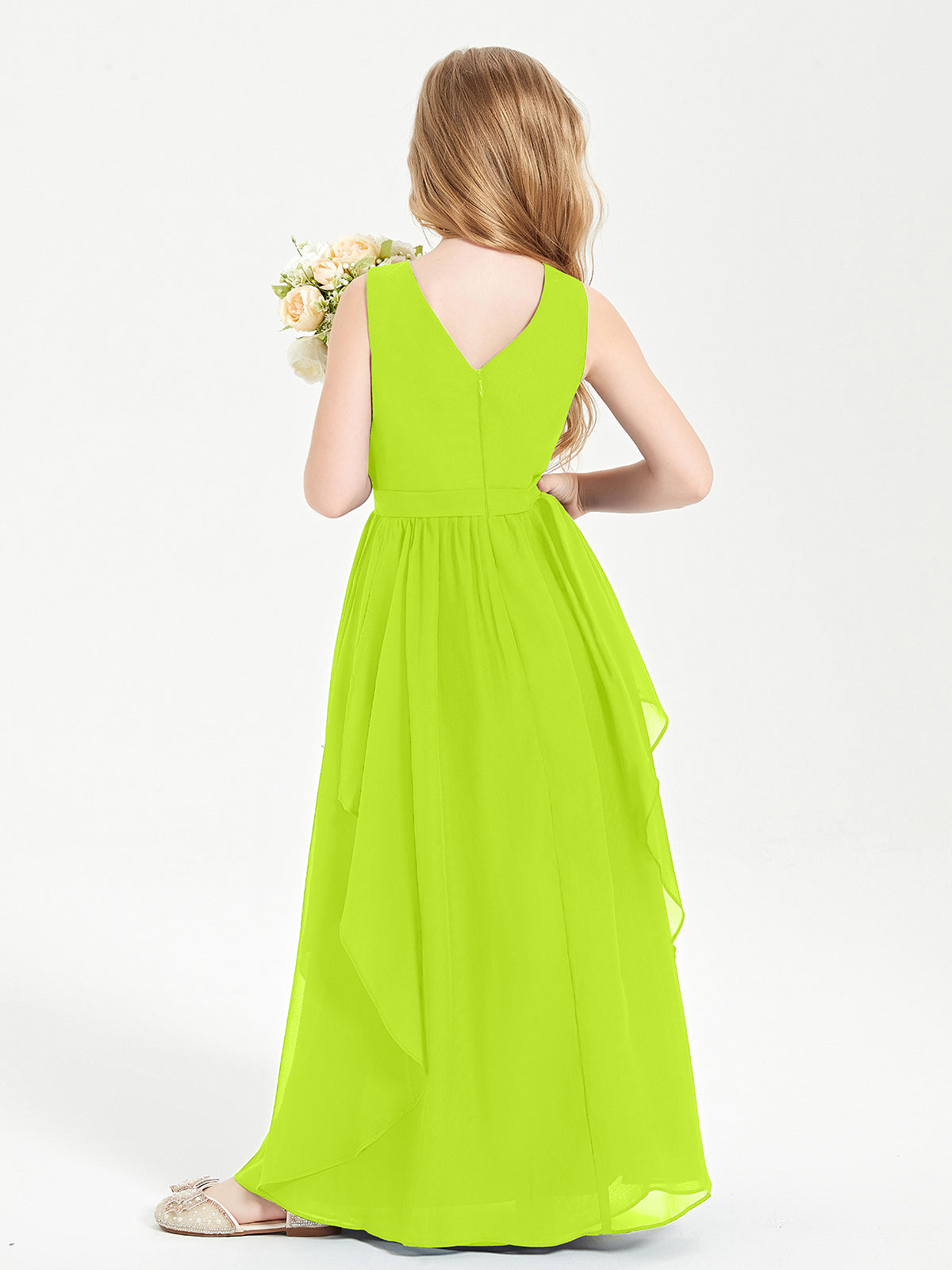 Boho Sleeveless Junior Chiffon Bridesmaids Gown Lime Green